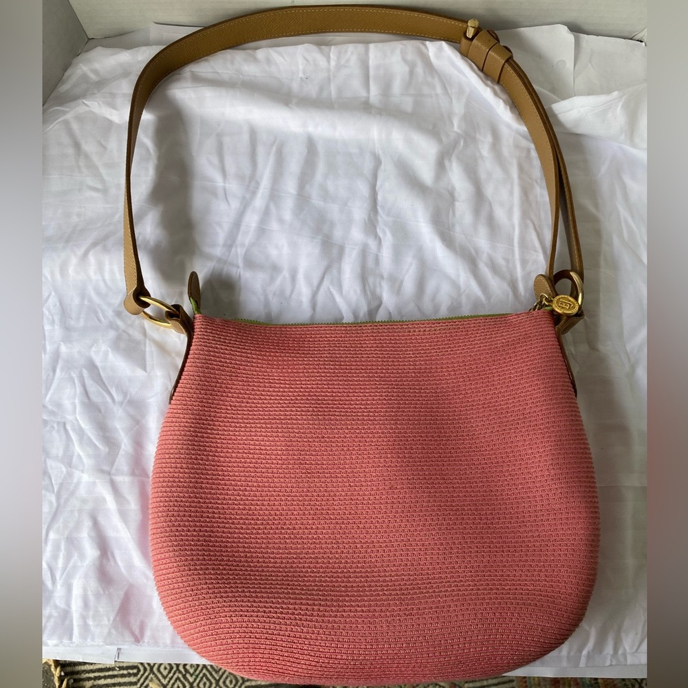 Eric Javits NY Pink Woven Raffia Straw Shoulder Bag, Leather Strap & Neon Lining - Picture 4 of 11